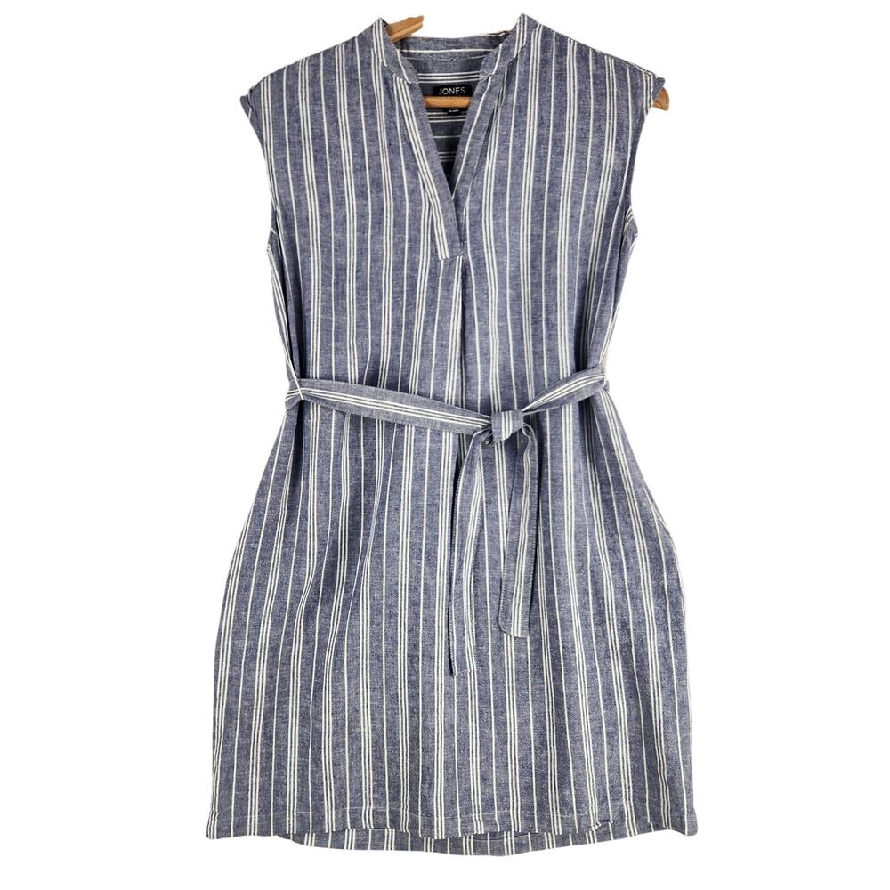 Jones New York WMNS Linen Rayon Sleeveless Belted Tunic Dress Blue Stripe Sz 4